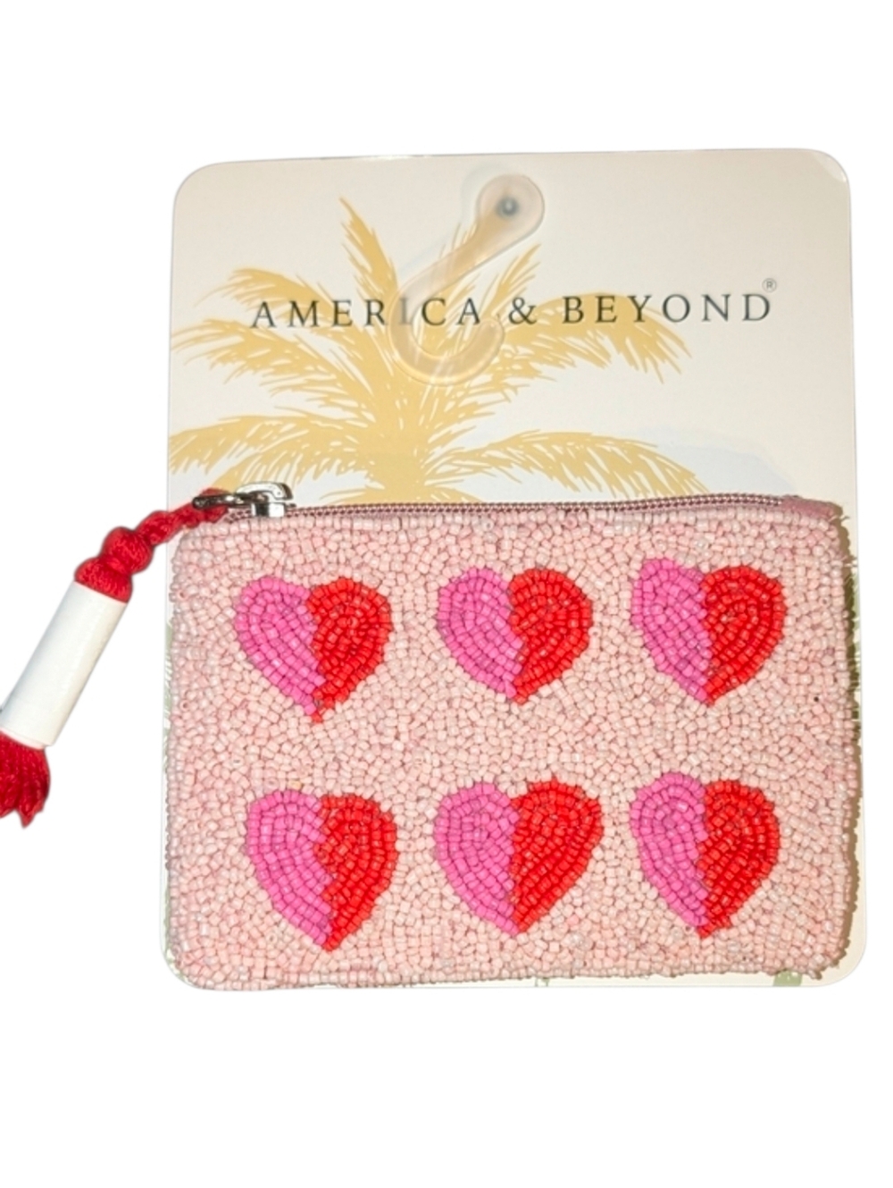 💕▪️America & Beyond▪️ Beaded Pink Heart Coin Pouch - Pink & Red